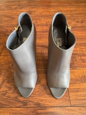 Burberry Gray Leather Peep-Toe Ankle Booties with Gold Zipper